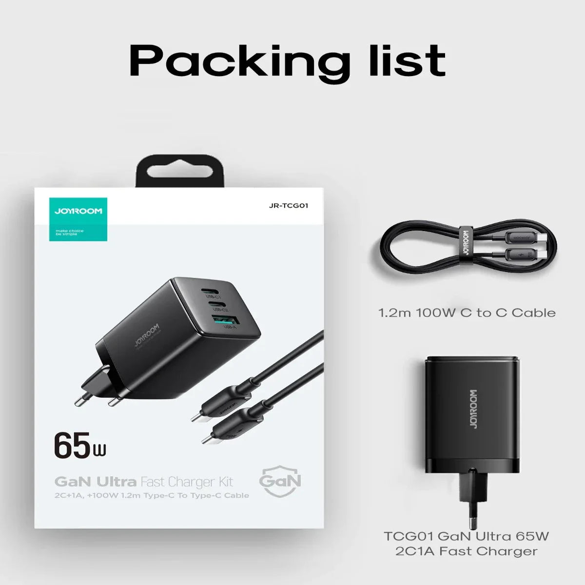 Joyroom TCG01 GaN Ultra 65W 2C1A Fast Charger+100W C to C Cable 1.2m