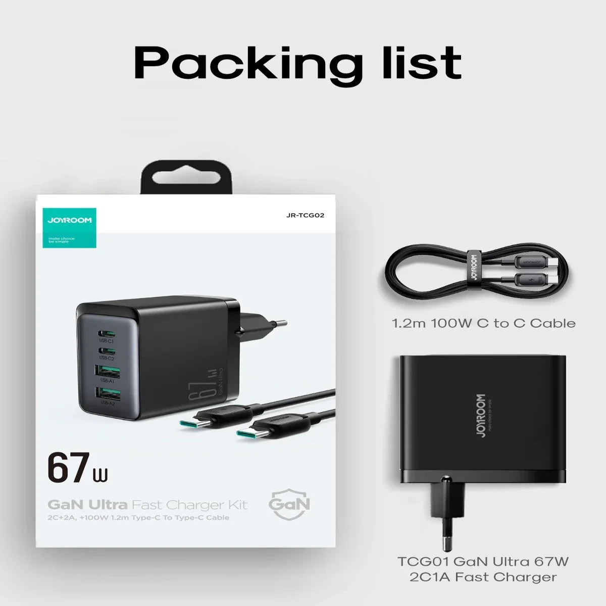 Joyroom TCG02 Gan Ultra 67W 2C2A Fast Charger+100W C to C Cable 1.2m