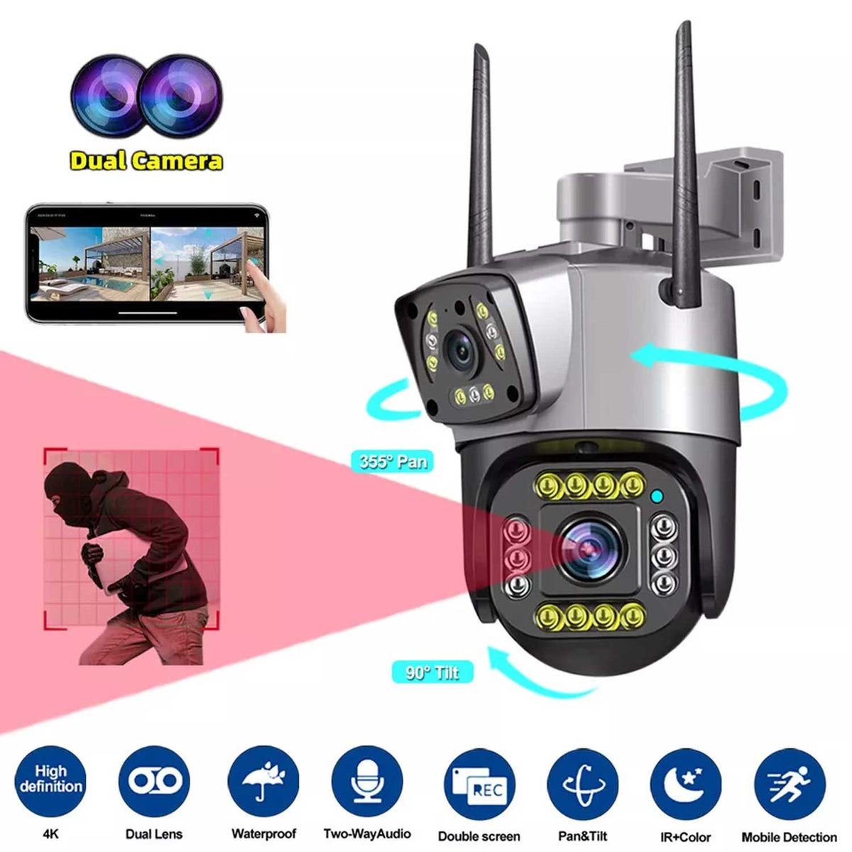 Speed-x (spz-702) 2 Camera Lens Wifi Outdoor 4mp Color Night Vision With V380 Pro App