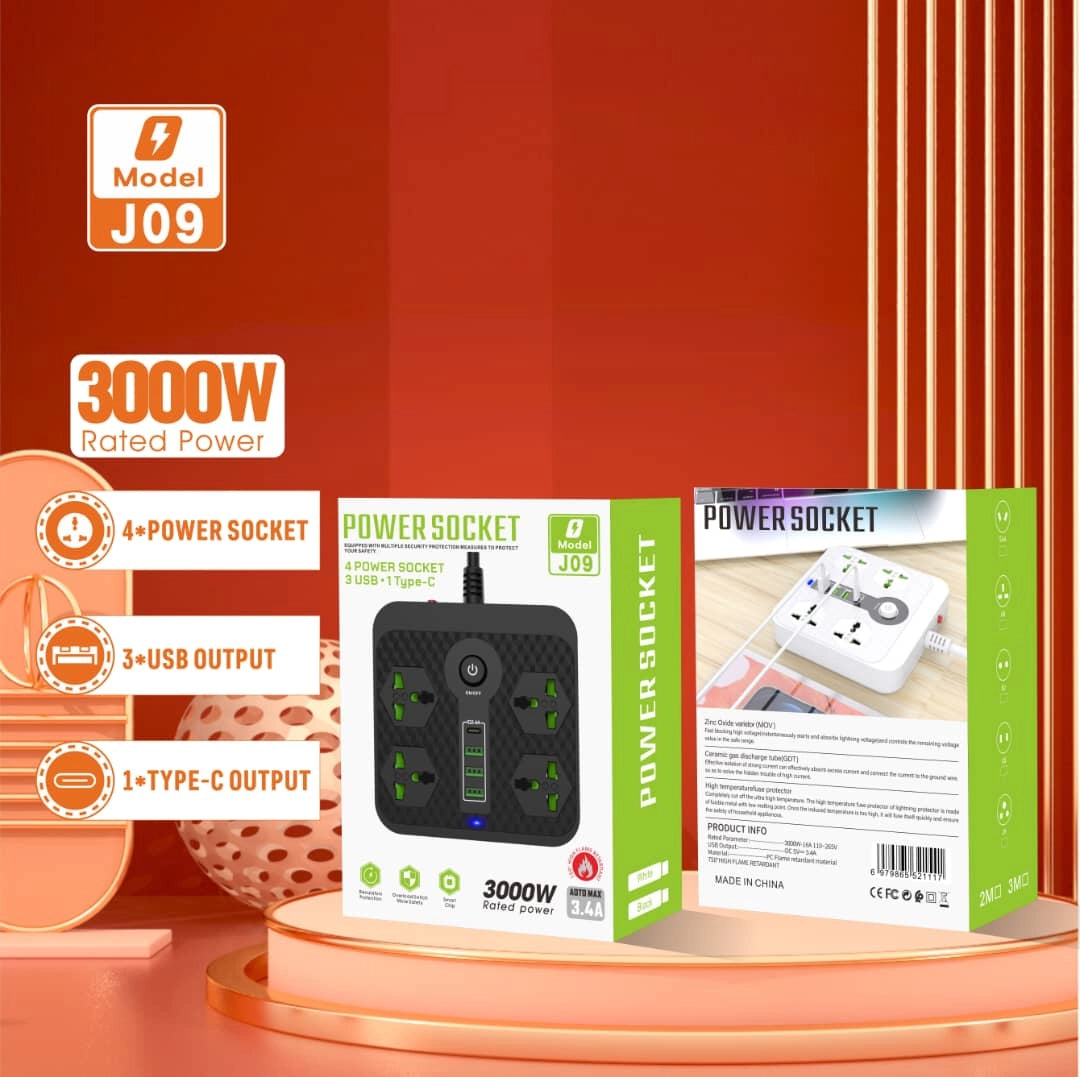 Compro™ 3000W Power Extension 4 Universal socket+ 3 USB+ 1 Type-C Port