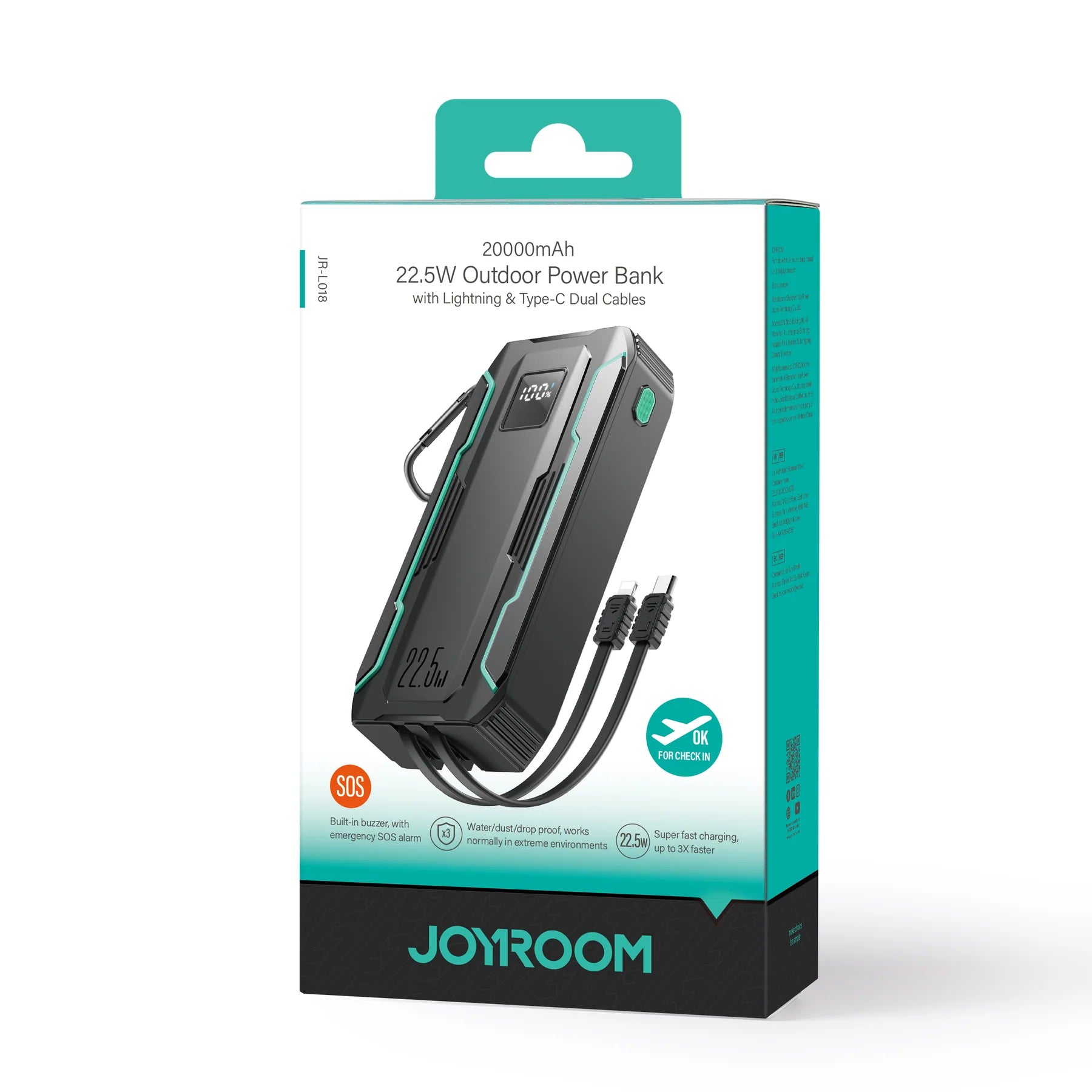 Joyroom JR-L017 22.5W Power Bank with Built in 2in1 Cables with SOS light 10000mAh