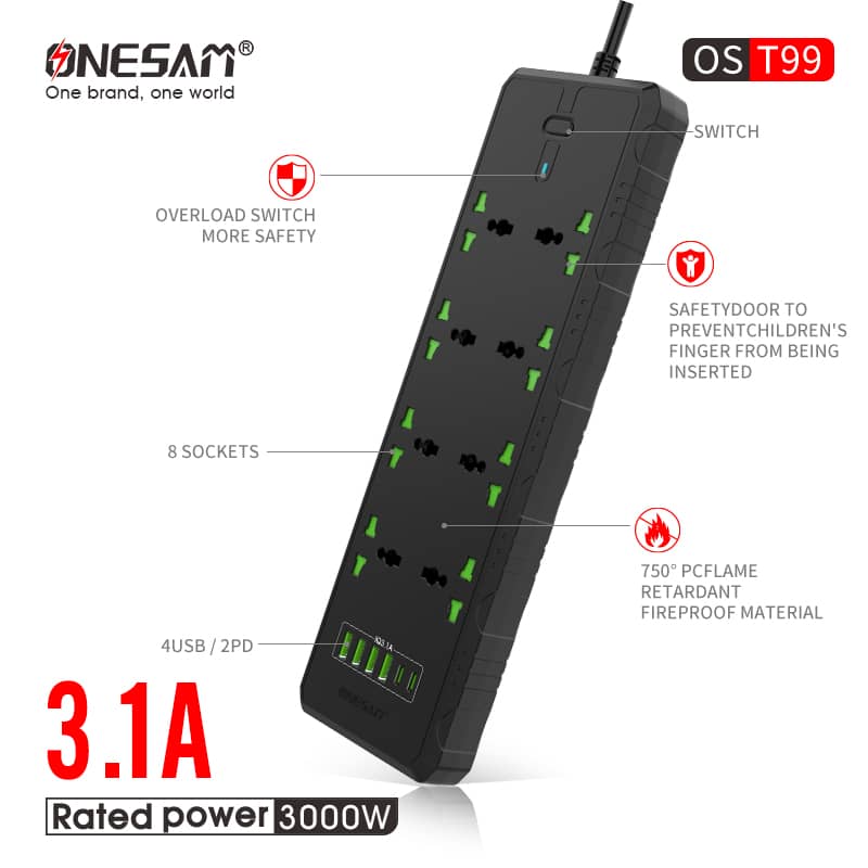 Compro™ 3000W 8 socket + 2 PD Port + 4 USB Port Extension