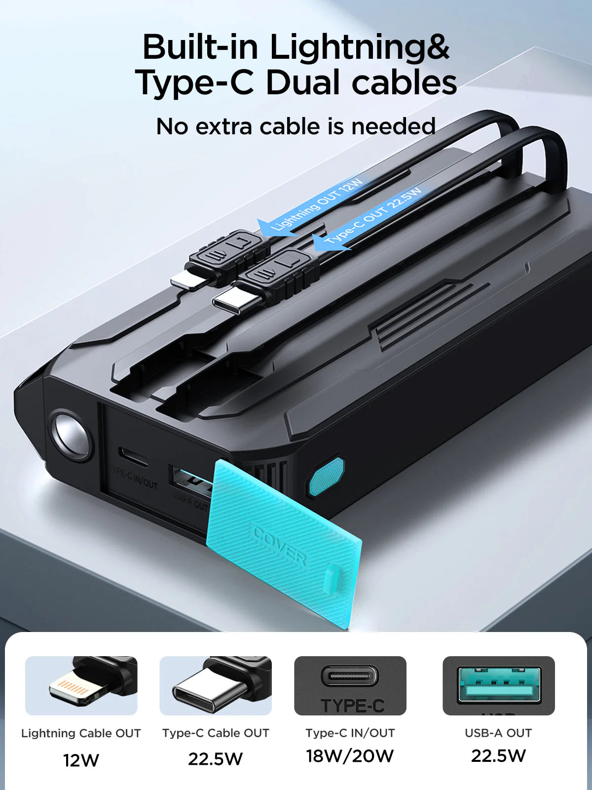 Joyroom JR-L017 22.5W Power Bank with Built in 2in1 Cables with SOS light 10000mAh