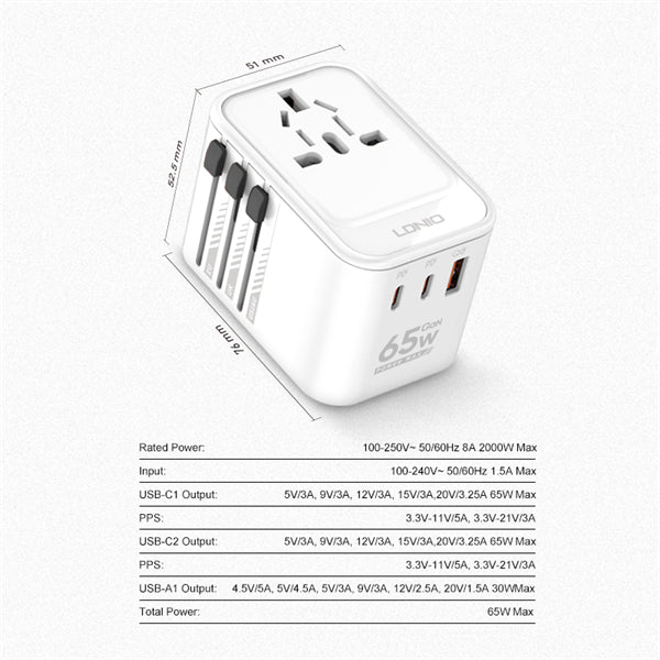 LDNIO Z6 3 USB Ports 65W GaN Travel Adapter