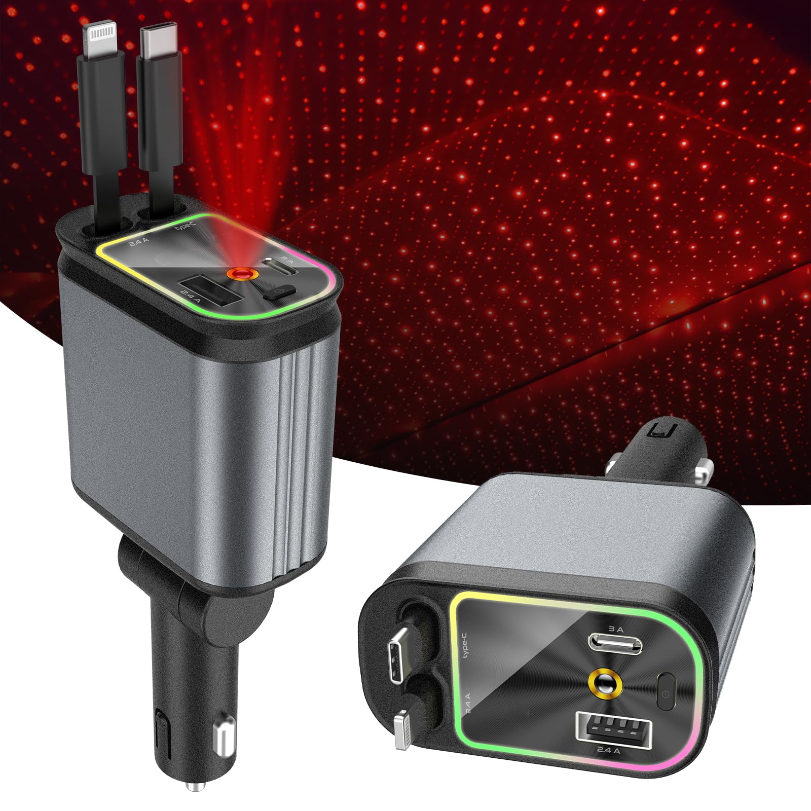 Compro™ 4-In-1 Retractable Car Charger with Star Projection Night Light