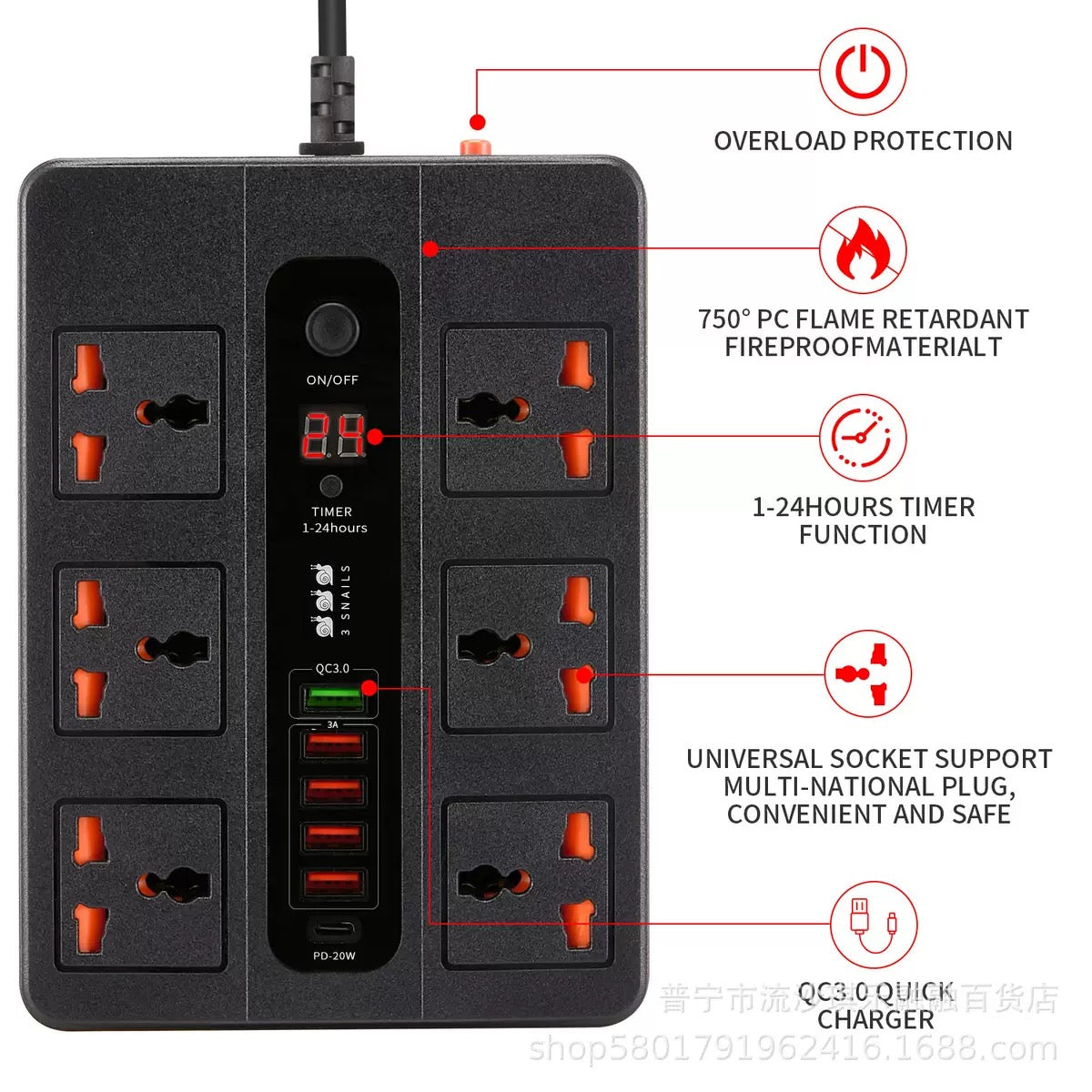 Compro™ Ultra High Speed 3000W Socket with TIMER Switch 6 AC Universal Outlet Socket + 5 USB Port + 1 Type-C