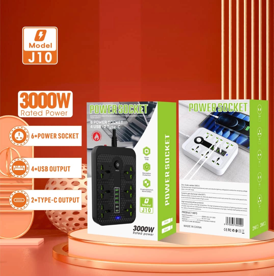 Compro™ 3000W Power Extension 6 Universal socket+ 4 USB+ 2 Type-C Port