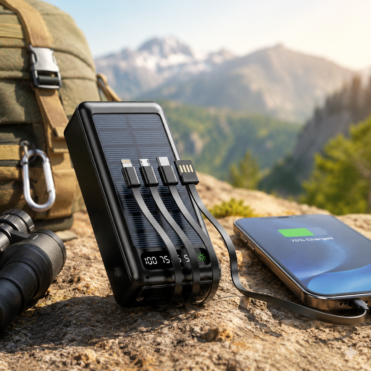 JNUOBI 20000mAh 4-in-1 Fast charging Solar Power Bank with Built-in Cables