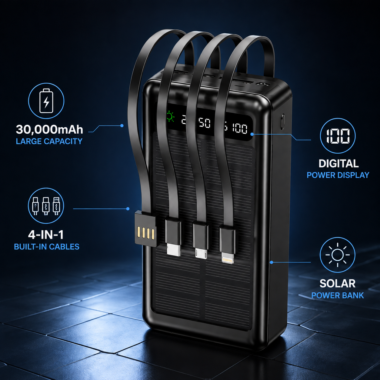 JNUOBI 30000mAh 4-in-1 Fast charging Solar Power Bank with Built-in Cables