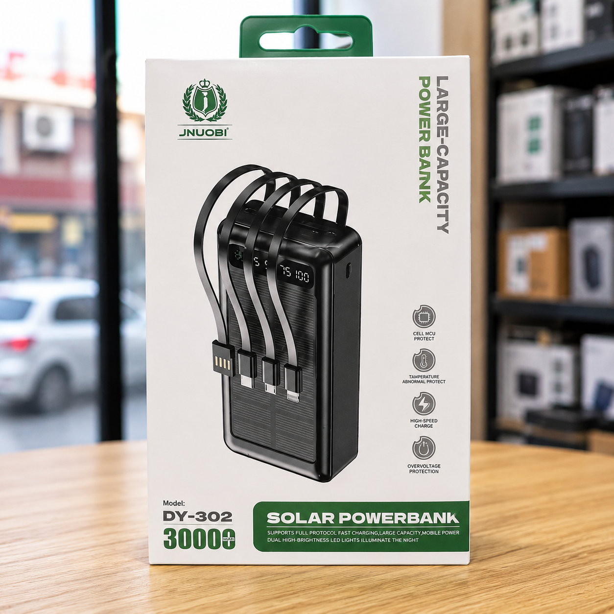 JNUOBI 30000mAh 4-in-1 Fast charging Solar Power Bank with Built-in Cables