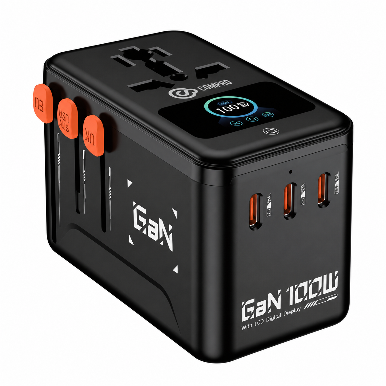 Compro™ GaN100W High End Screen Display Universal Travel Adapter
