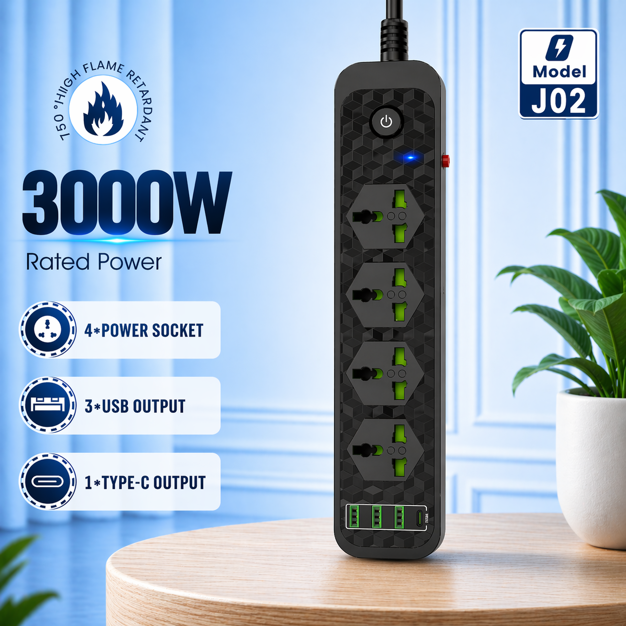 Compro™ 3000W Power Extension 4 socket+ 3 USB+ 1 Type C Port