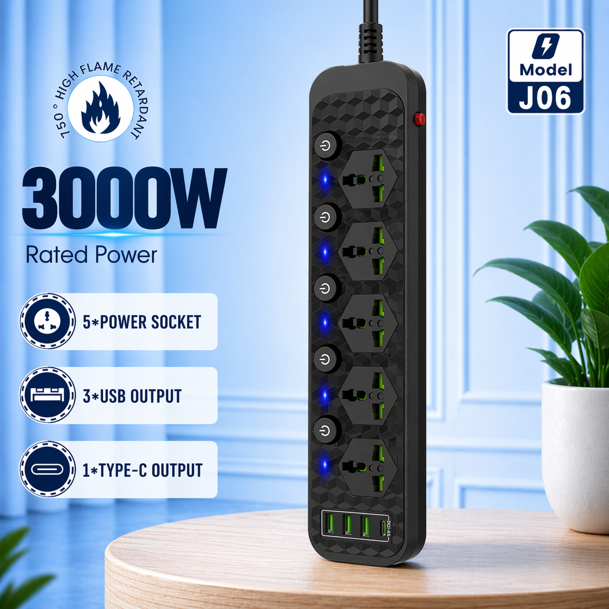 Compro™ 3000W Power Extension 5 socket+ 3 USB+ 1 Type-C Port with Individual Switches