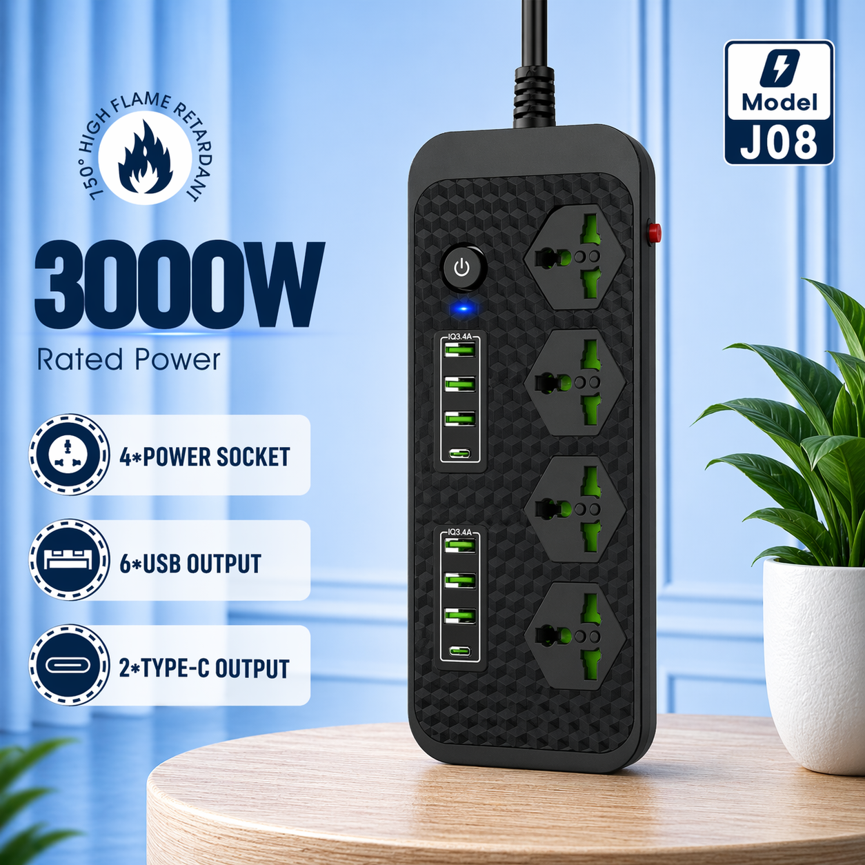 Compro™ 3000W Power Extension 4 socket+ 6 USB+ 2 Type C Port