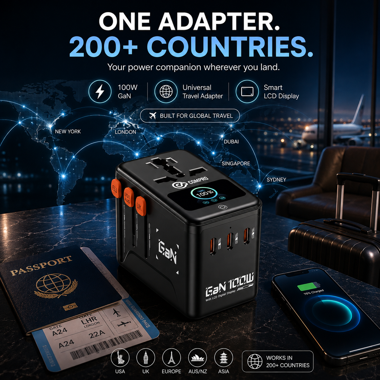 Compro™ GaN100W High End Screen Display Universal Travel Adapter