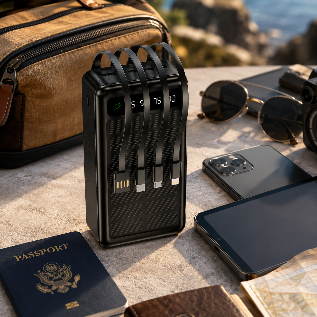 JNUOBI 30000mAh 4-in-1 Fast charging Solar Power Bank with Built-in Cables