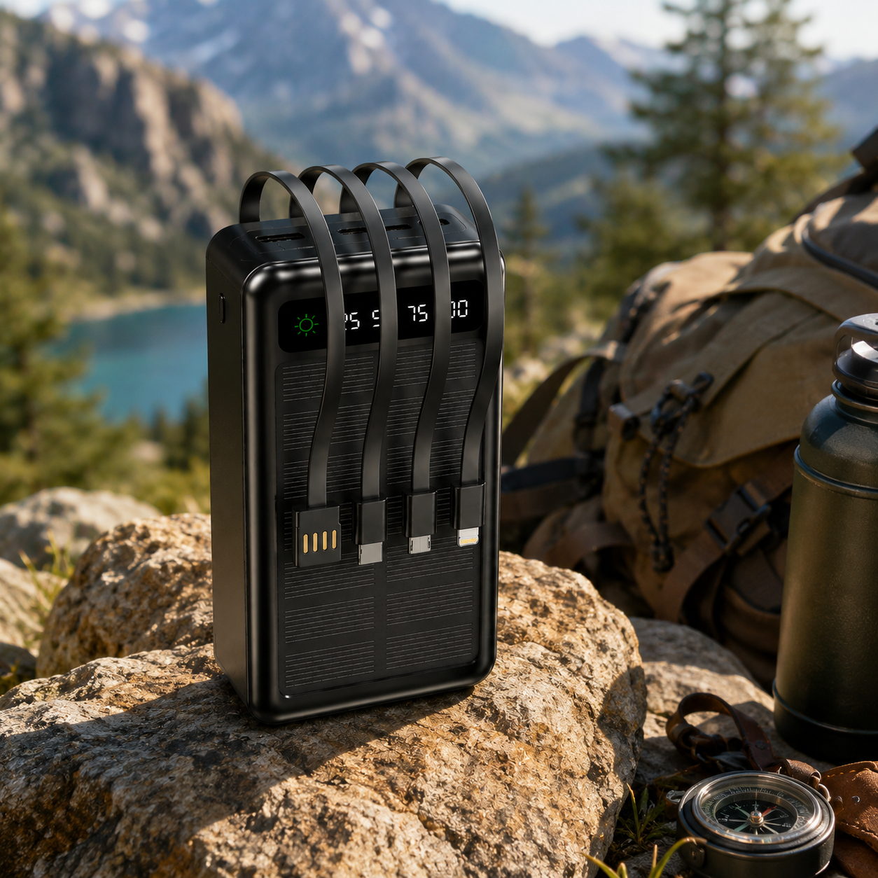 JNUOBI 30000mAh 4-in-1 Fast charging Solar Power Bank with Built-in Cables