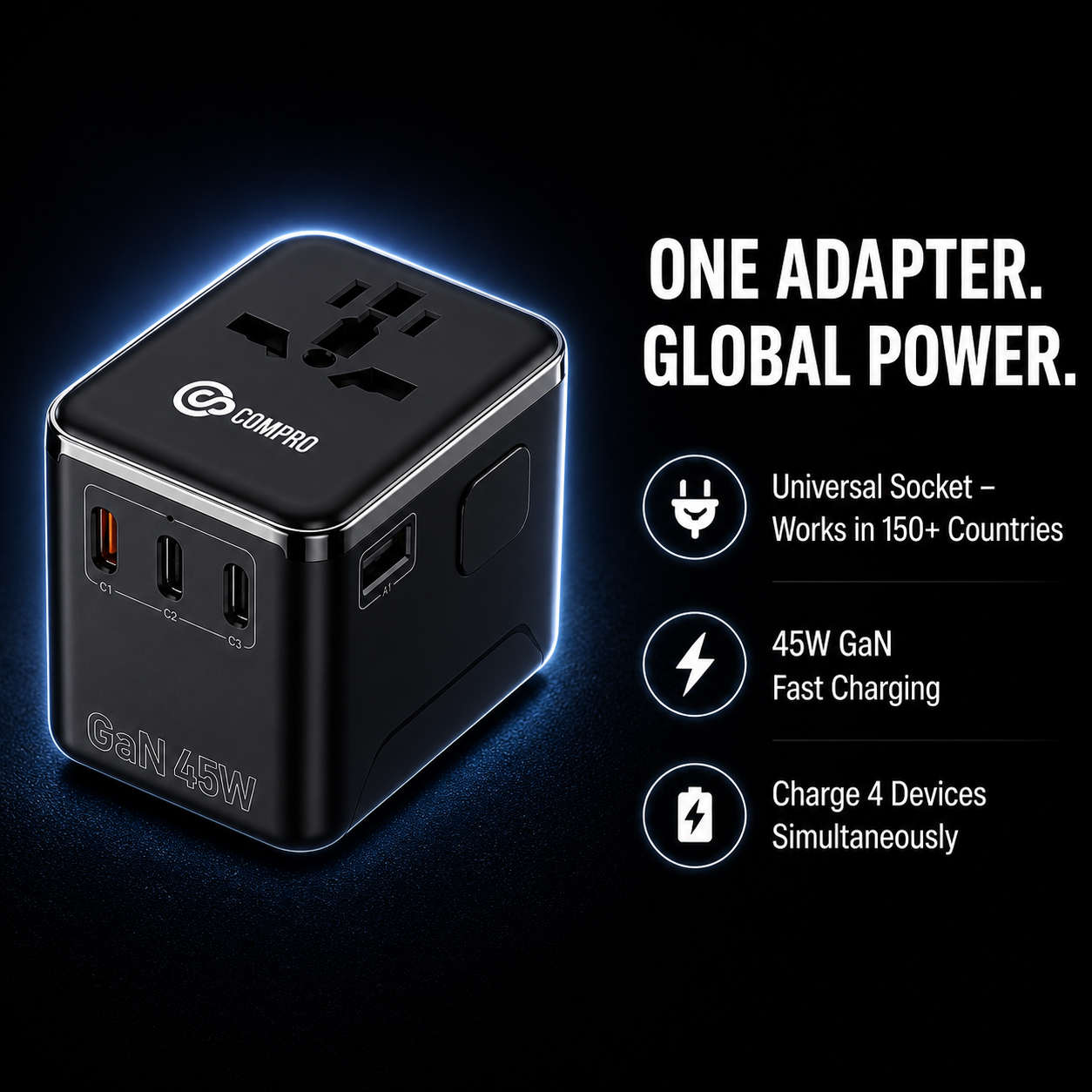 Compro™ TravelCharge Pro Fast Charging 45W GAN World Travel Adapter