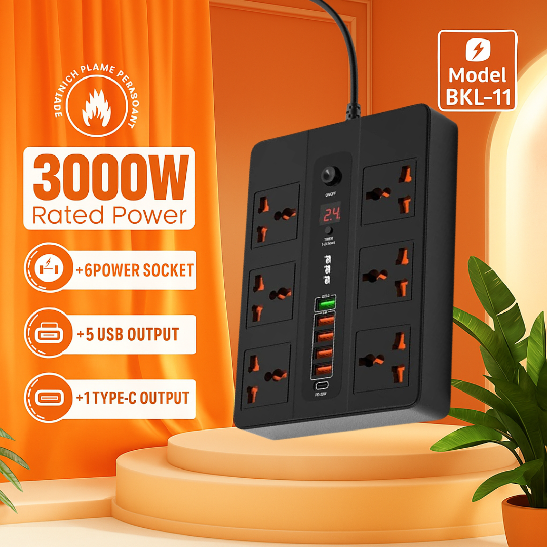 Compro™ Ultra High Speed 3000W 6 AC Universal Outlets Socket with TIMER Switch