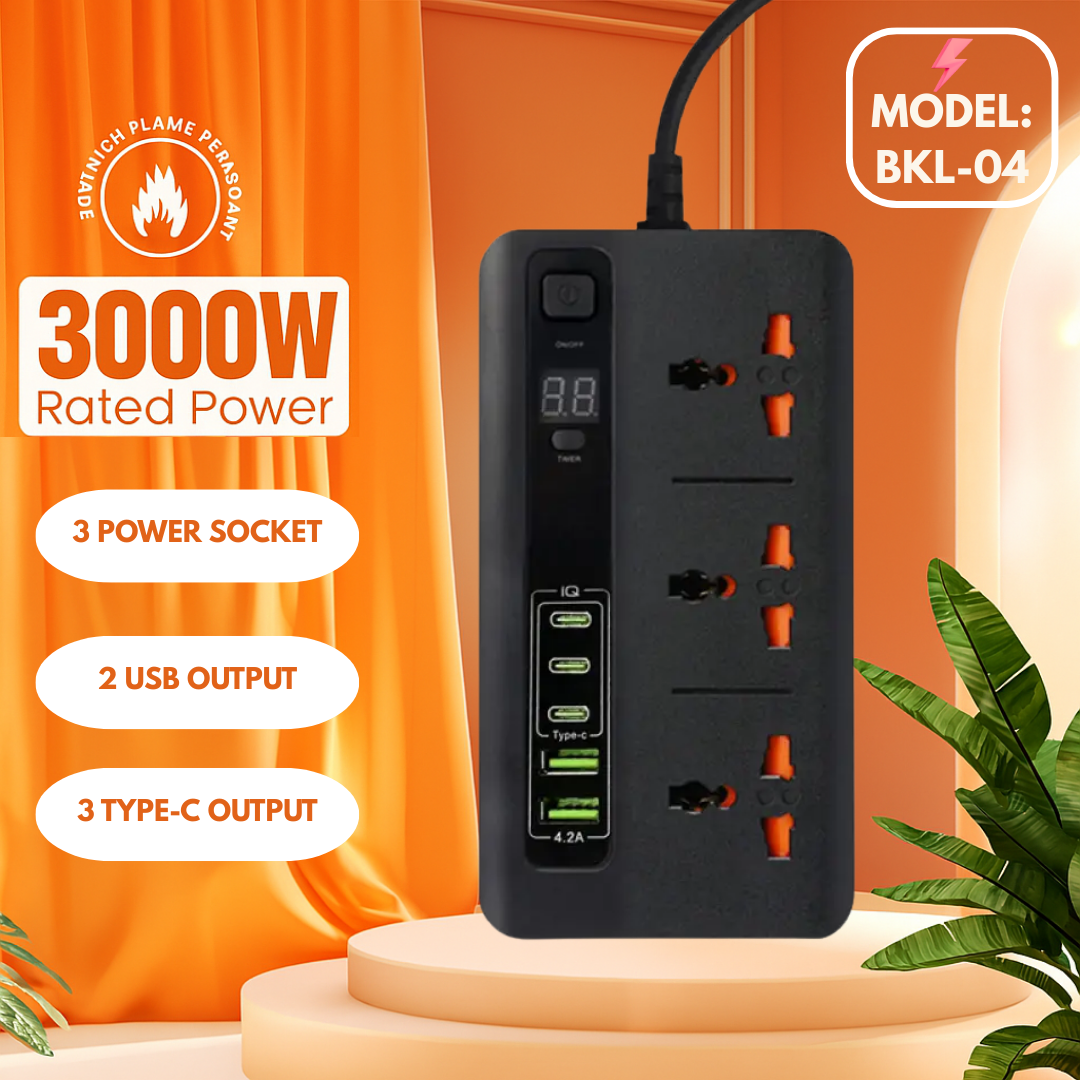 Compro™ Ultra High Speed 3000W 3 AC Universal Outlet + 2USB+ 3Type-C Socket with TIMER