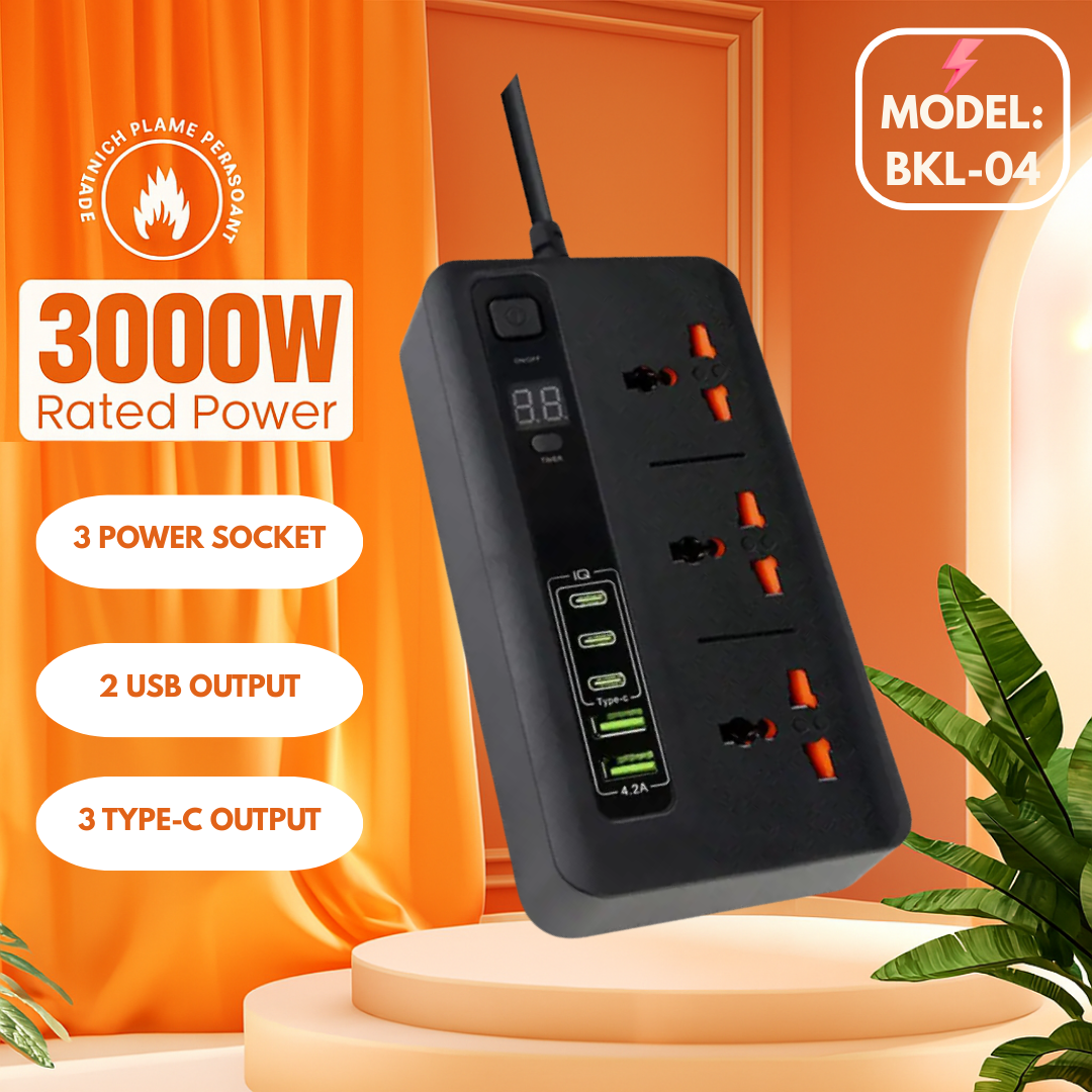 Compro™ Ultra High Speed 3000W 3 AC Universal Outlet + 2USB+ 3Type-C Socket with TIMER
