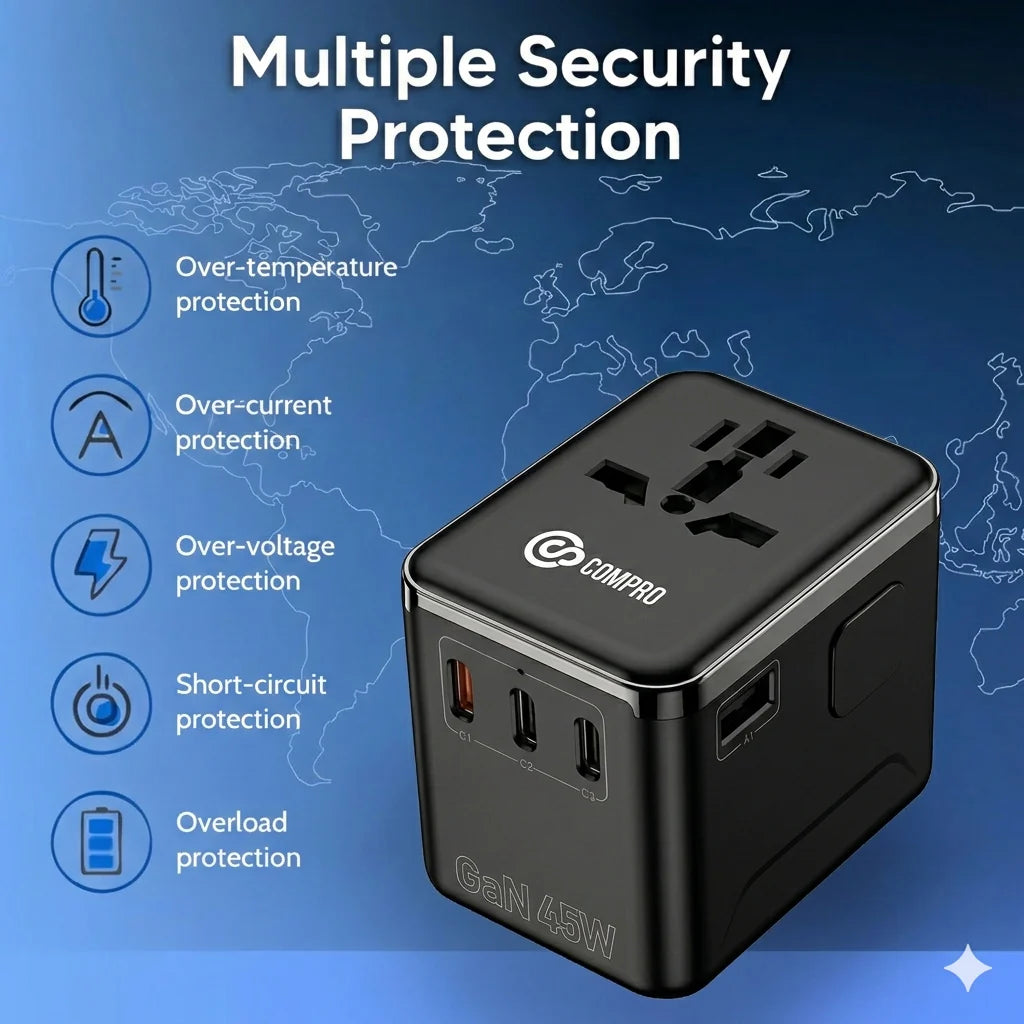 Compro™ TravelCharge Pro Fast Charging 45W GAN World Travel Adapter