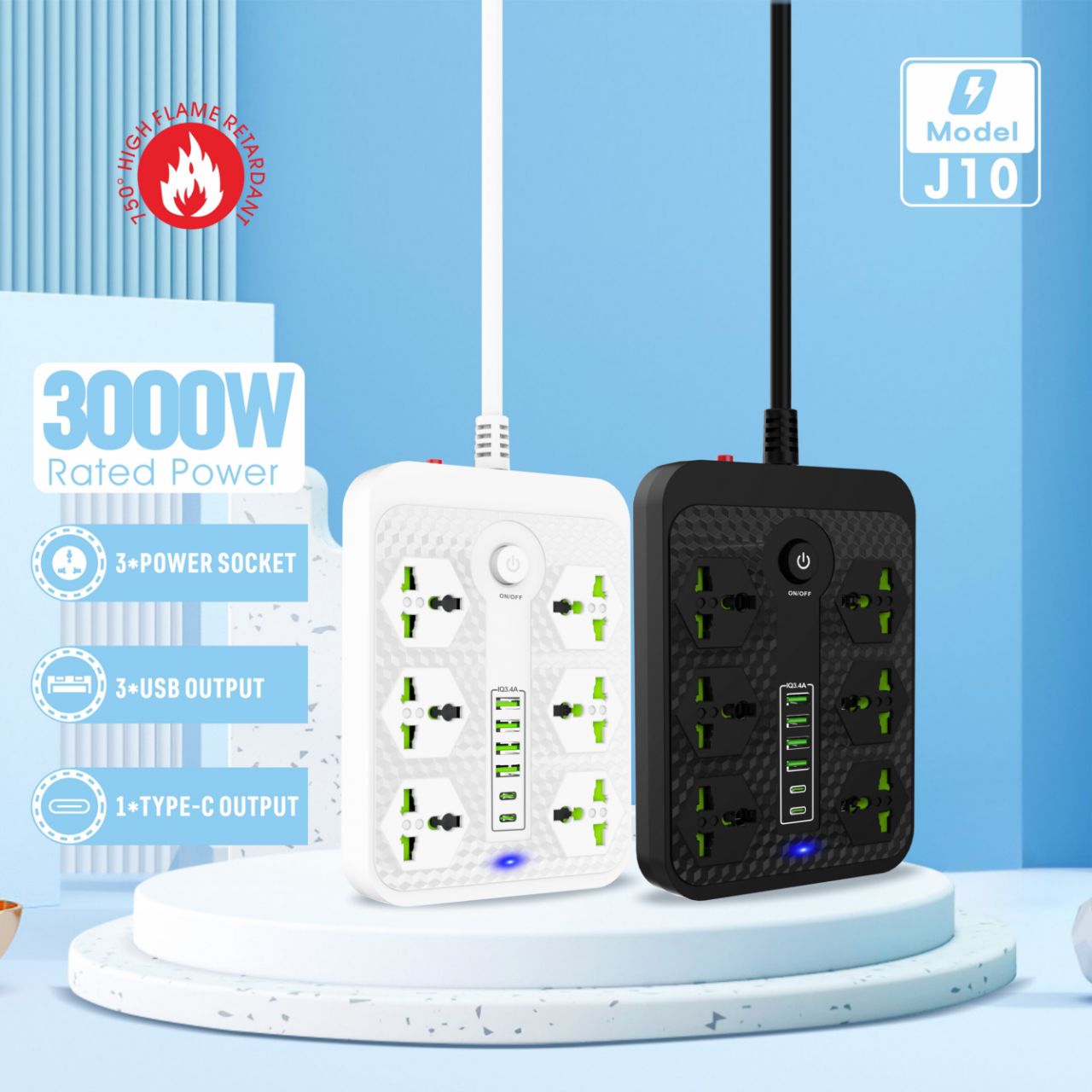 Compro™ 3000W Power Extension 6 Universal socket+ 4 USB+ 2 Type-C Port