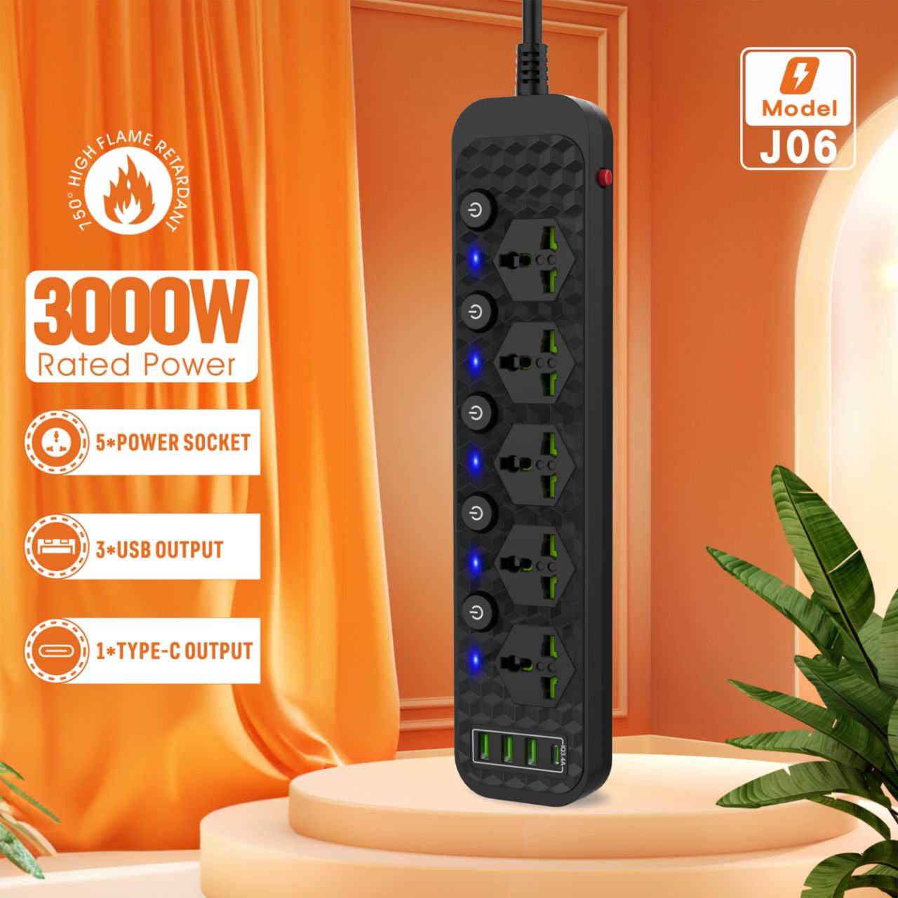 Compro™ 3000W Power Extension 5 socket+ 3 USB+ 1 Type-C Port with Individual Switches