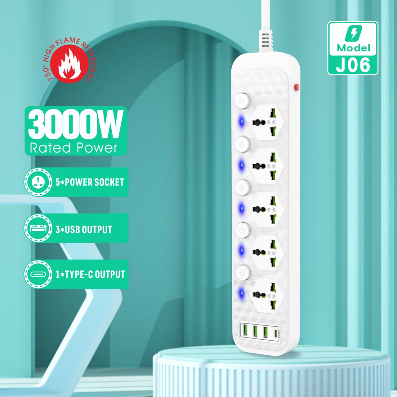 Compro™ 3000W Power Extension 5 socket+ 3 USB+ 1 Type-C Port with Individual Switches