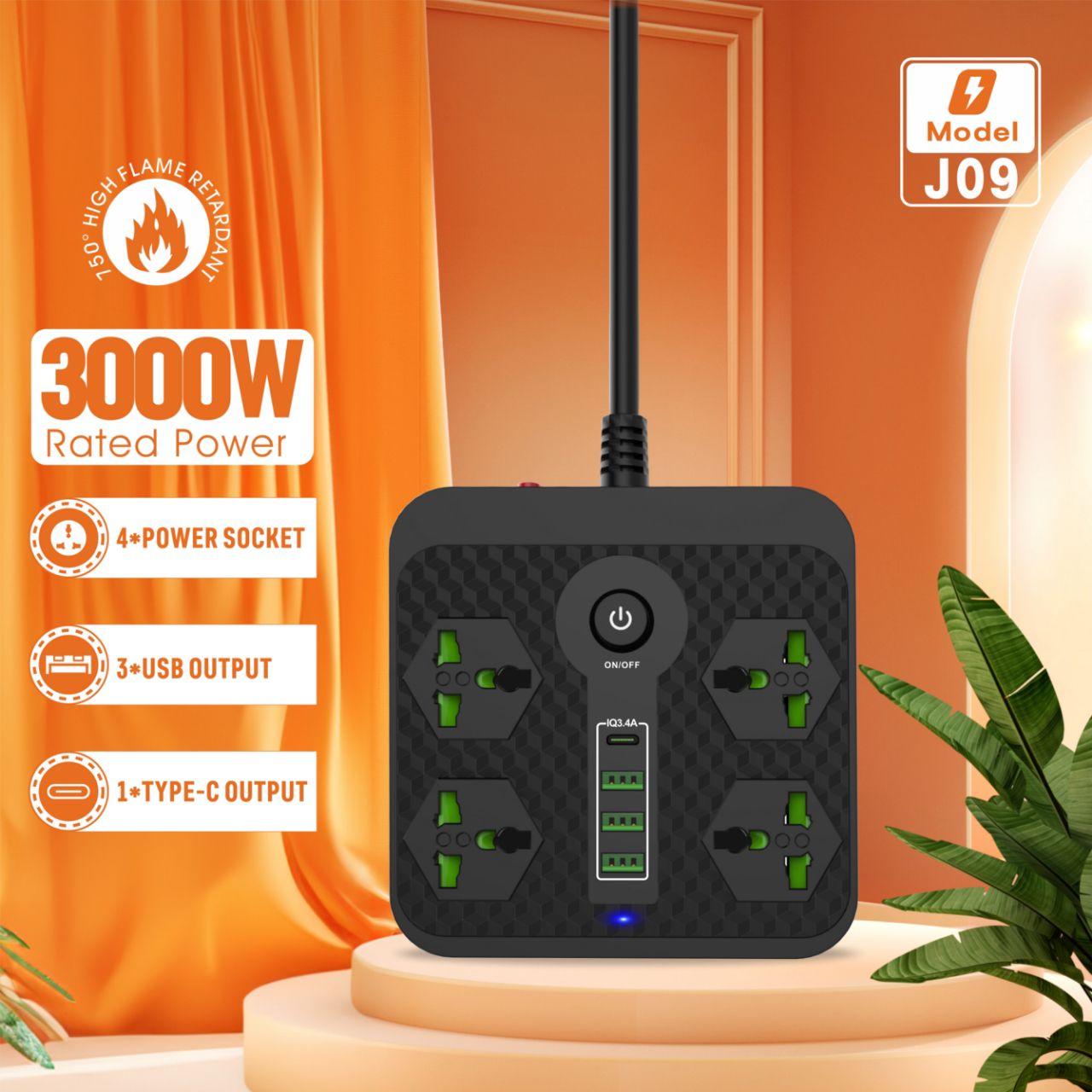 Compro™ 3000W Power Extension 4 Universal socket+ 3 USB+ 1 Type-C Port