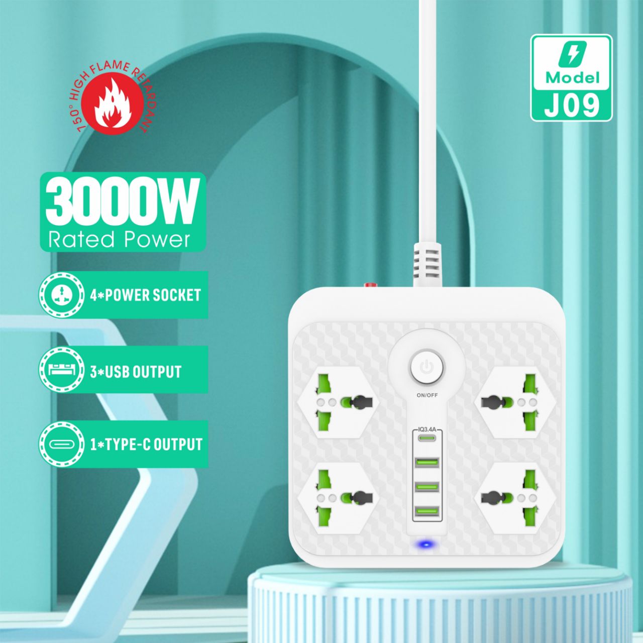 Compro™ 3000W Power Extension 4 Universal socket+ 3 USB+ 1 Type-C Port
