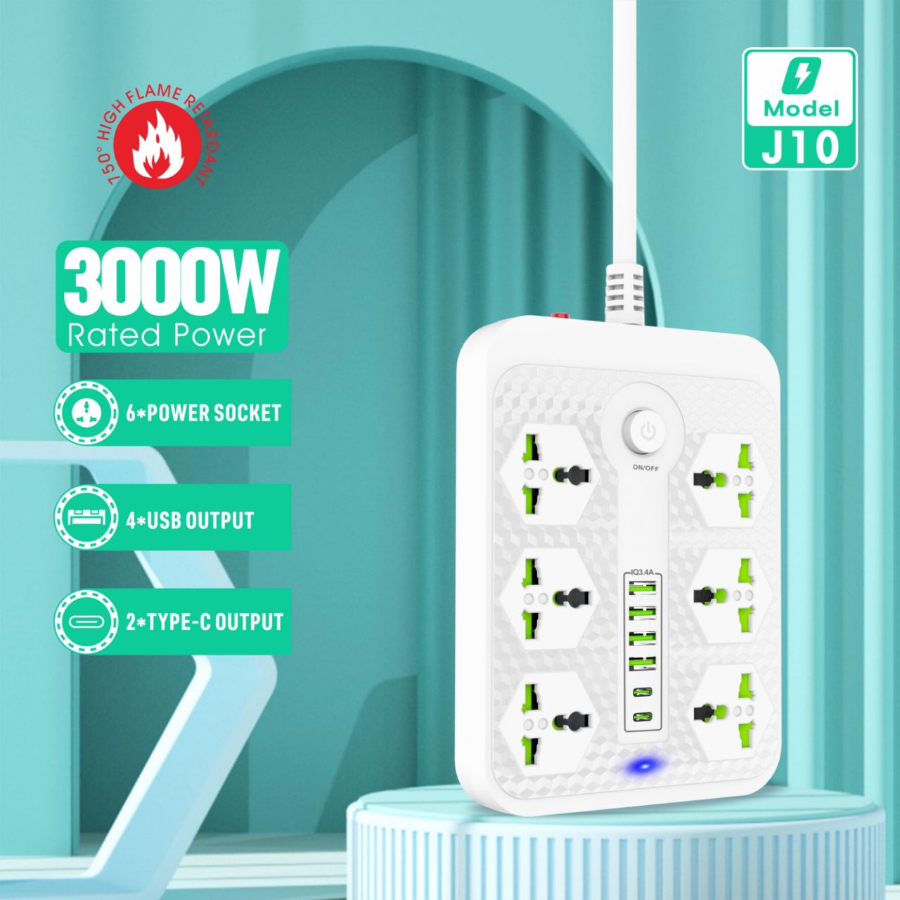 Compro™ 3000W Power Extension 6 Universal socket+ 4 USB+ 2 Type-C Port