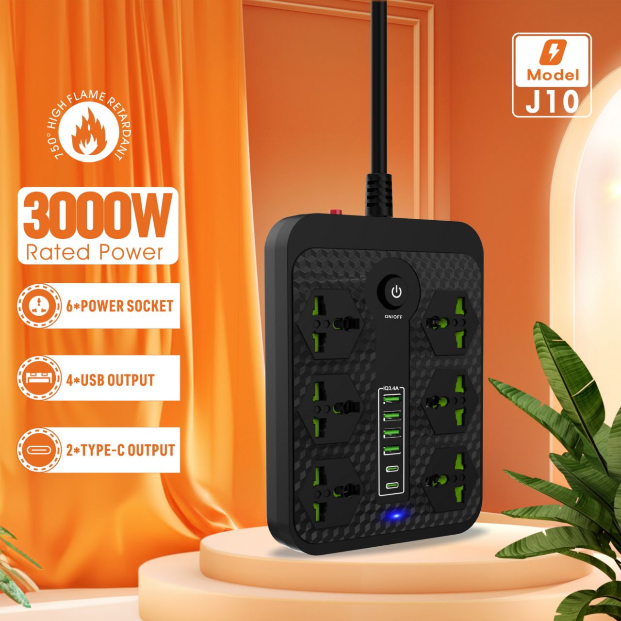 Compro™ 3000W Power Extension 6 Universal socket+ 4 USB+ 2 Type-C Port