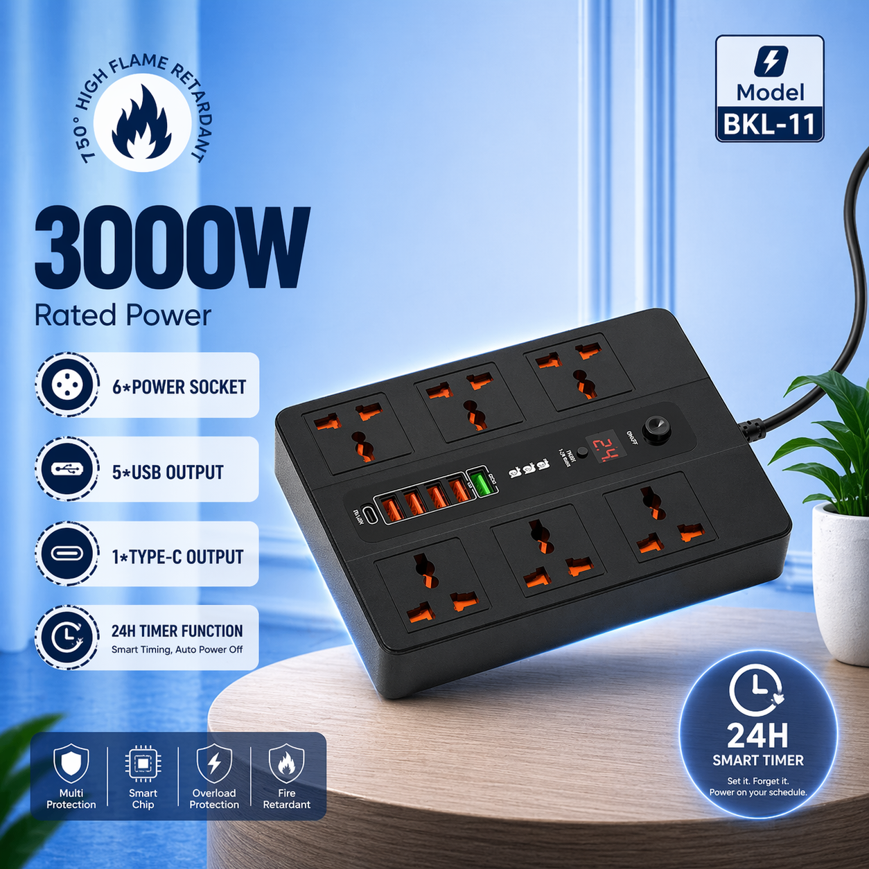 Compro™ Ultra High Speed 3000W Socket with TIMER Switch 6 AC Universal Outlet Socket + 5 USB Port + 1 Type-C