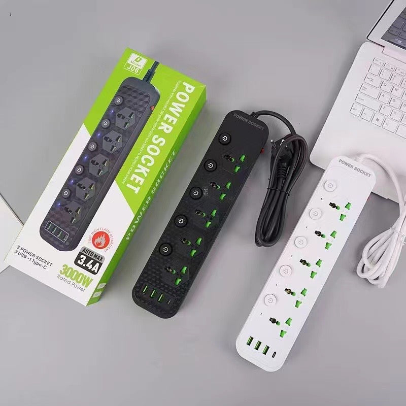 Compro™ 3000W Power Extension 5 socket+ 3 USB+ 1 Type-C Port with Individual Switches