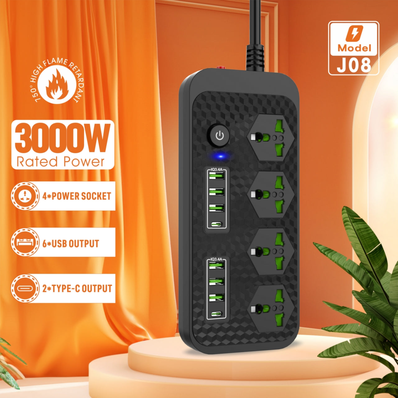 Compro™ 3000W Power Extension 4 socket+ 6 USB+ 2 Type C Port