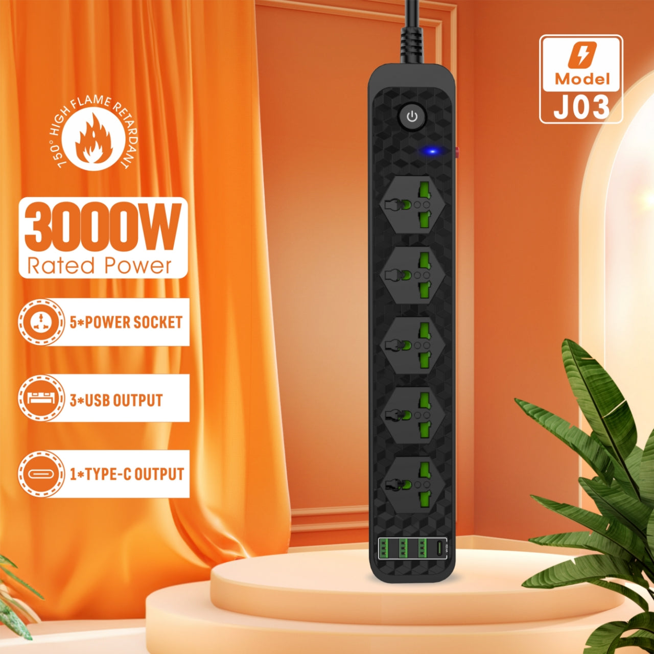 Compro™ 3000W Power Extension 5 socket+ 3 USB+ 1 Type C Port