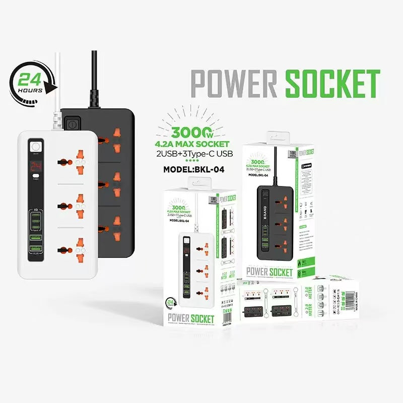 Compro™ Ultra High Speed 3000W 3 AC Universal Outlet + 2USB+ 3Type-C Socket with TIMER