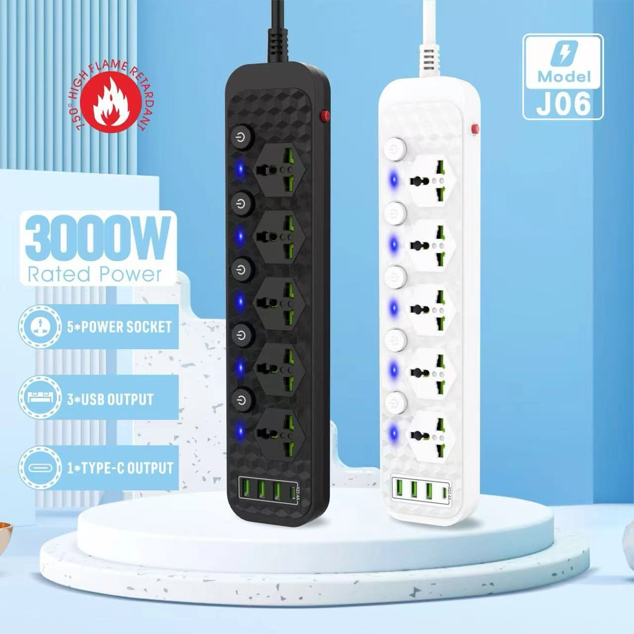 Compro™ 3000W Power Extension 5 socket+ 3 USB+ 1 Type-C Port with Individual Switches
