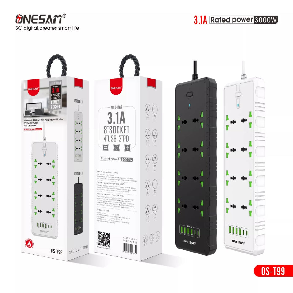 Compro™ 3000W 8 socket + 2 PD Port + 4 USB Port Extension