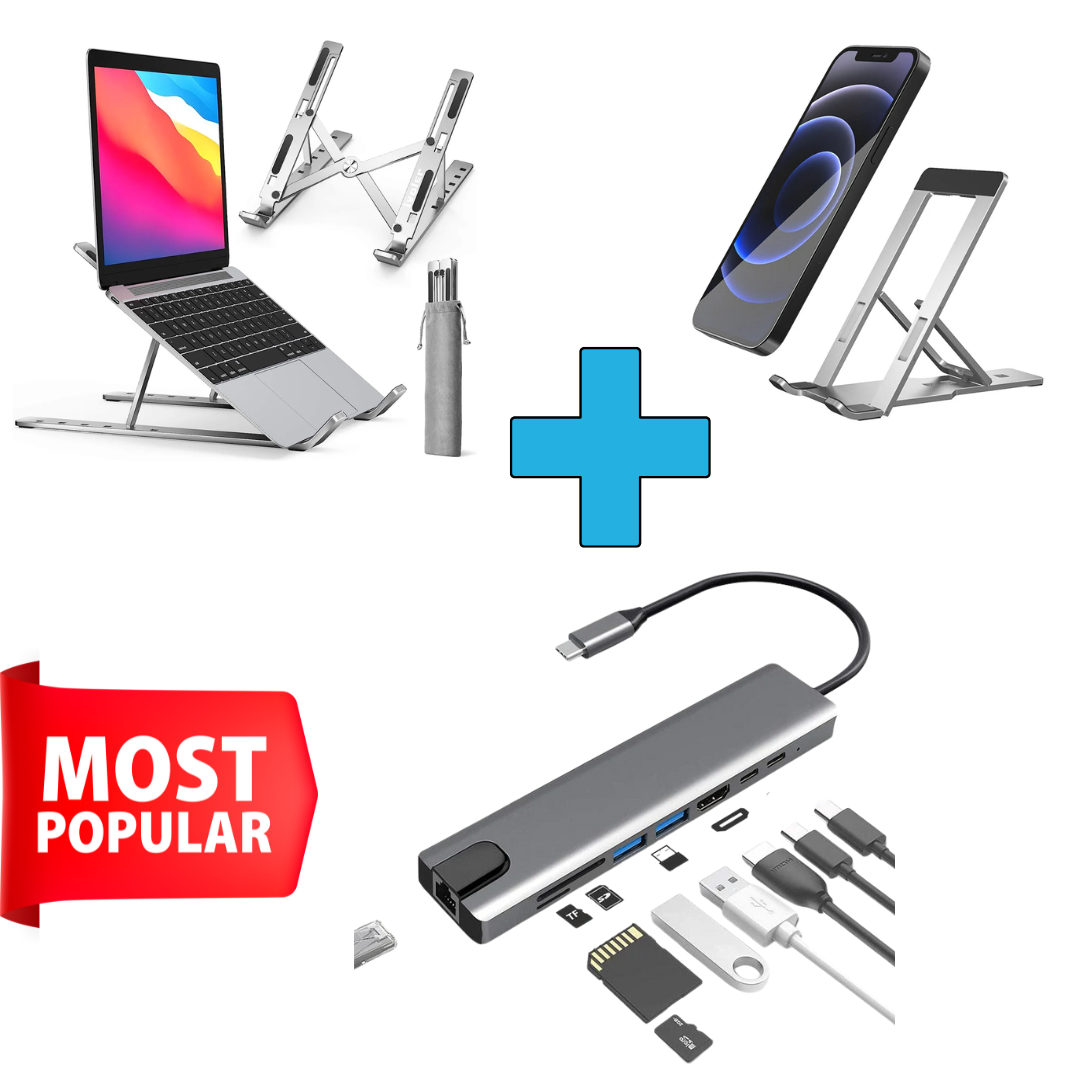 Compro™ Ultimate Workstation Combo | Laptop Stand + Mobile Stand + Type-C Hub