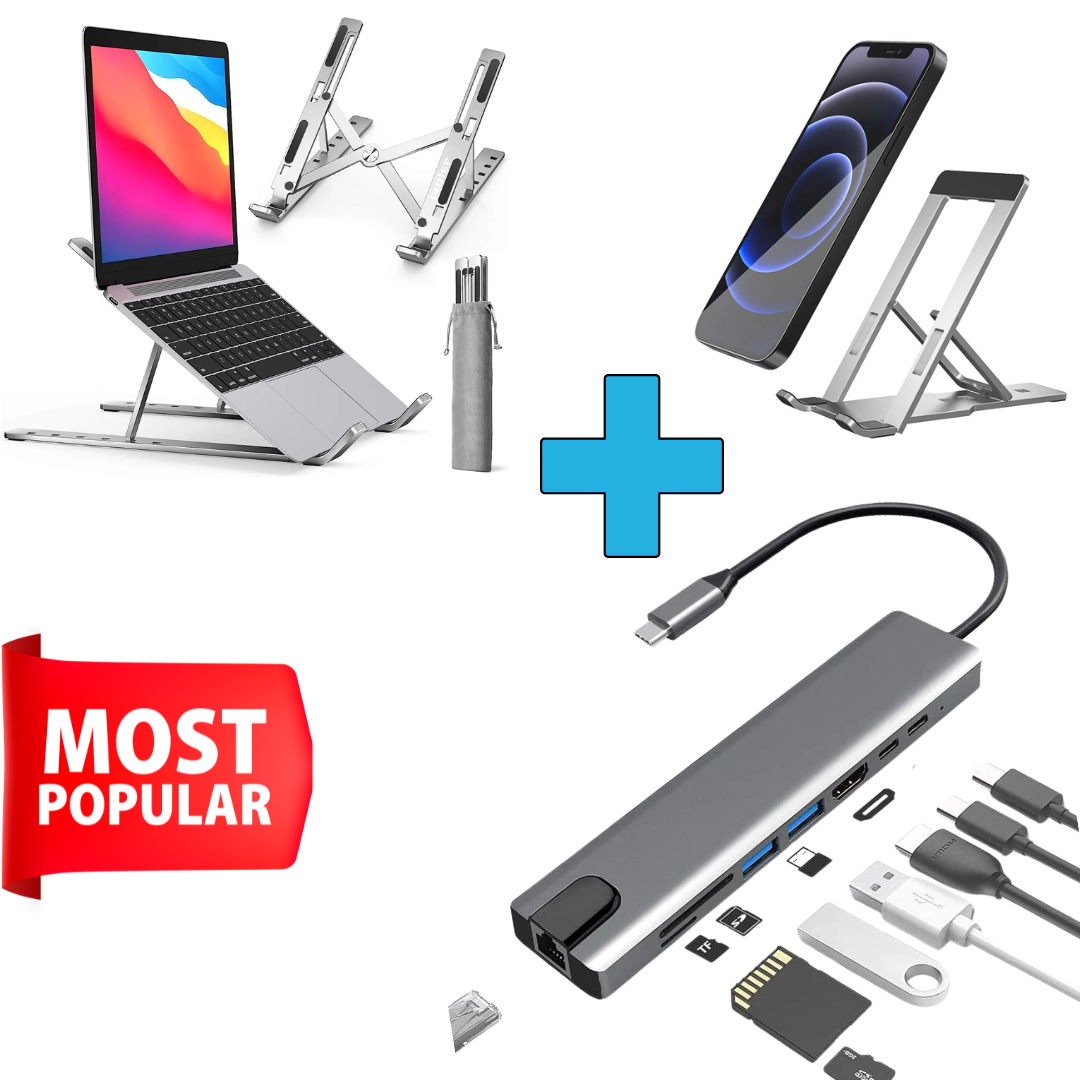 Compro™ Ultimate Workstation Combo | Laptop Stand + Mobile Stand + Type-C Hub