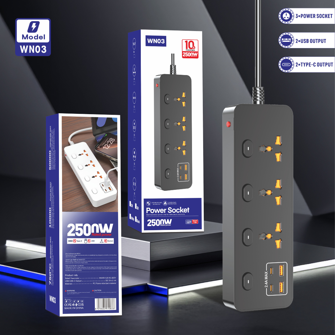 Compro™ 2500W Power Extension Socket-3 Universal Outlets + 2 USB Ports + 2 Type-C Fast Charging-With Individual Switches