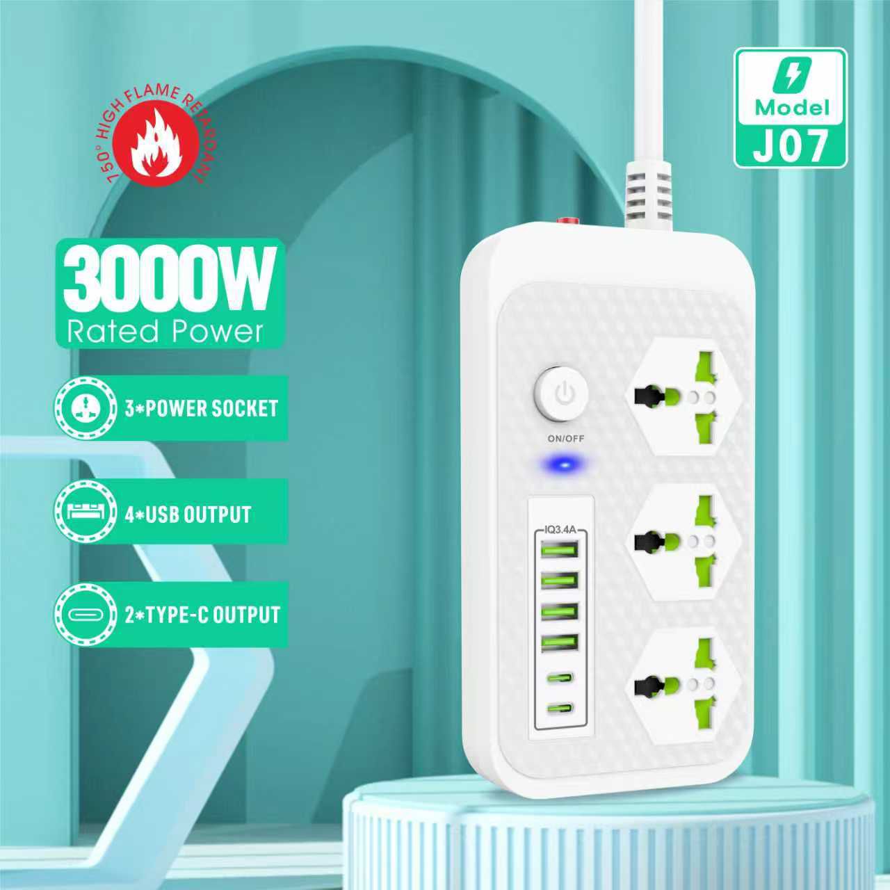 Compro™ 3000W Power Extension 3 Universal socket+ 4 USB+ 2 Type-C Port