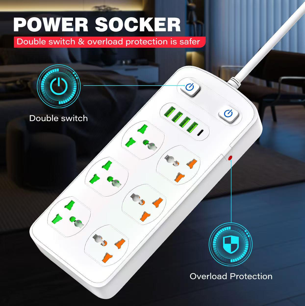Compro™ 6-Socket Power Extension with USB, Double Switch & Protection