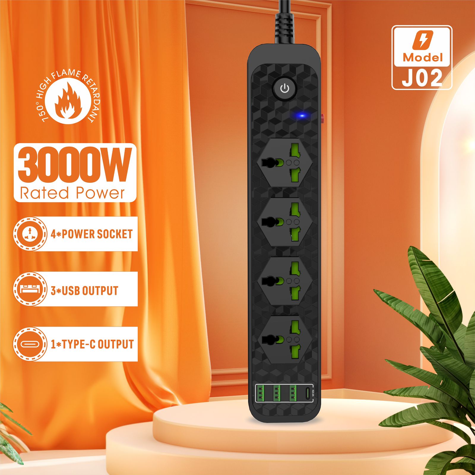 Compro™ 3000W Power Extension 4 socket+ 3 USB+ 1 Type C Port