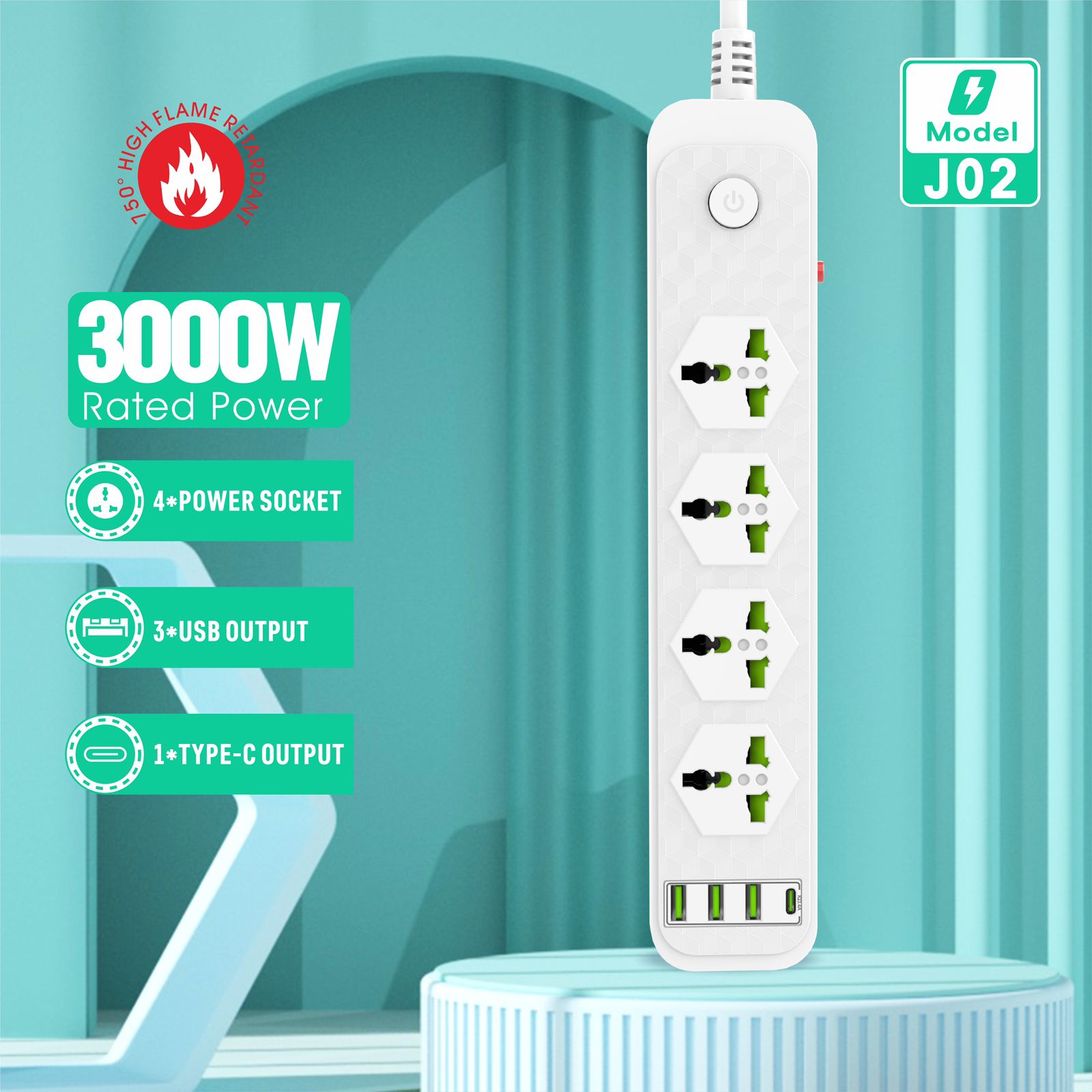 Compro™ 3000W Power Extension 4 socket+ 3 USB+ 1 Type C Port