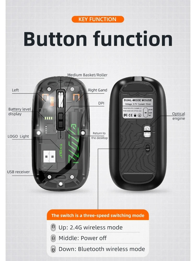 Compro™ Transparent Wireless Bluetooth Charging Mouse Dual-mode