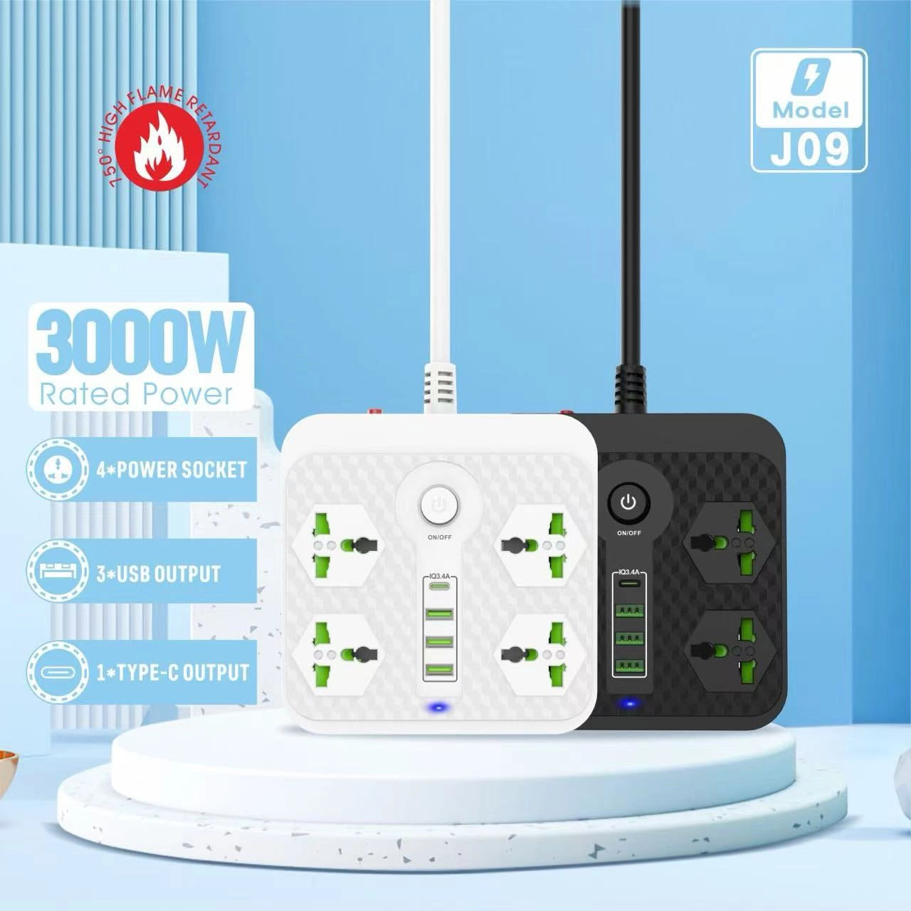 Compro™ 3000W Power Extension 4 Universal socket+ 3 USB+ 1 Type-C Port