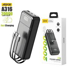 ASPOR A316 20000mAh 22.5W High-Speed Power Bank with Built-in Cable